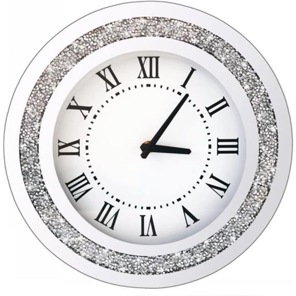 Silver Round Mirror Clock 12inch Crystal Sparkle Twinkle Bling Wall Clock - Picture 3 of 6
